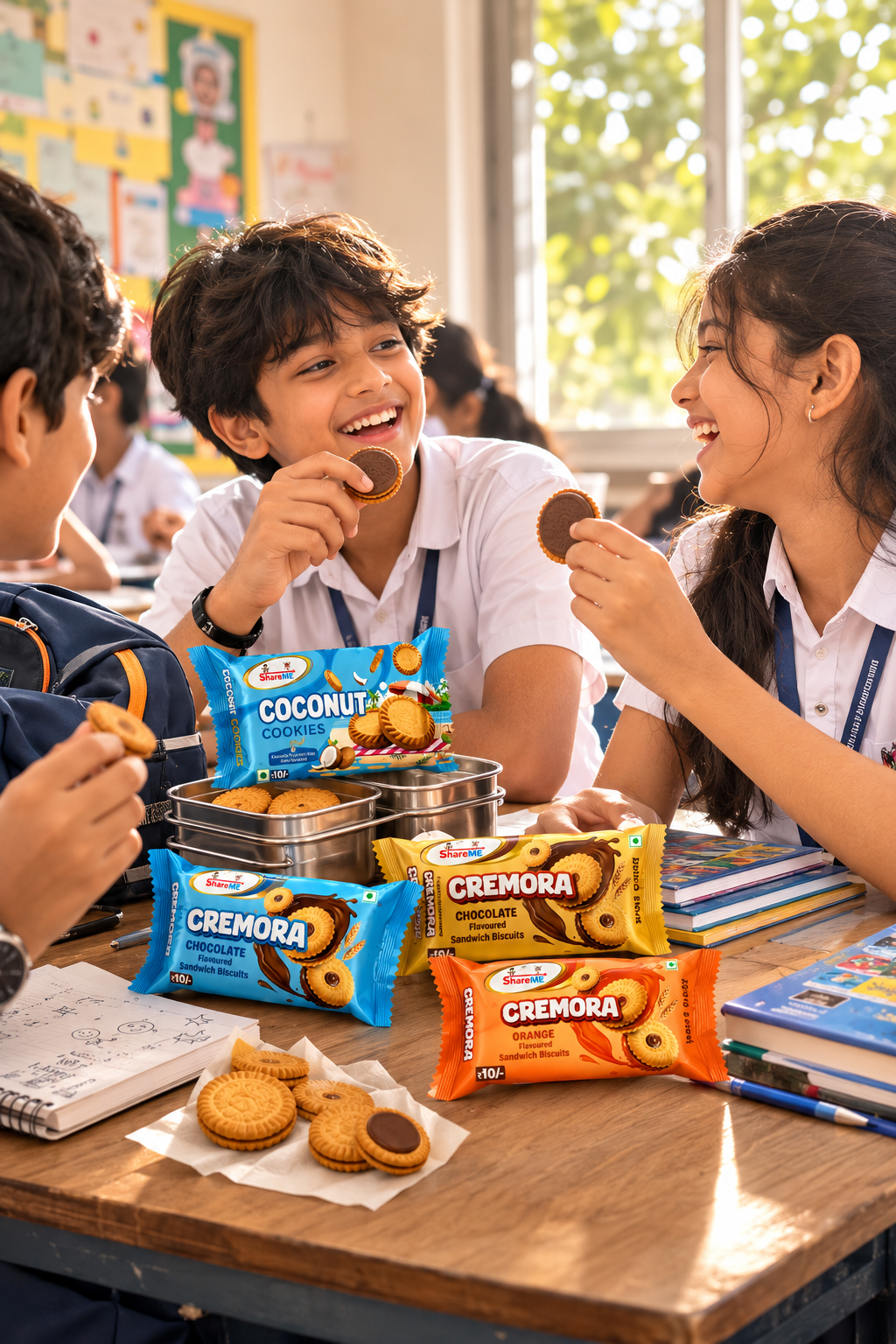 Schoolchildren sharing cookies from a tiffin box during break